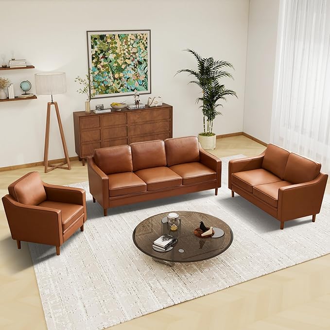 Kingfun Living Room Furniture Sets, 3 Seater Couch, Armchair and Loveseat, Mid Century Modern Sofa Set, Faux Leather Couch with Solid Wood Frame for Living Room & Bedroom, Dark Brown