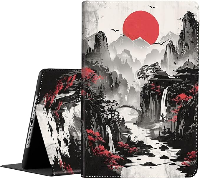 Case for iPad (A16) 11th Generation 11 Inch (2025) iPad 10th Generation 10.9 Inch (2022)，Slim Fit Foldable Standing Cover Case with Auto Sleep/Wake ，Red Moon Japanese Landscape