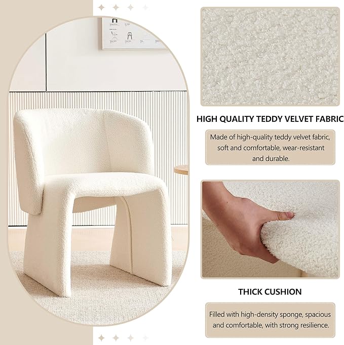 Modern Dining Chair Upholstered Off White Teddy Velvet Barrel Home Kitchen Single Sofa Chair Comfy with Metal Frame for Living Room,Bedroom