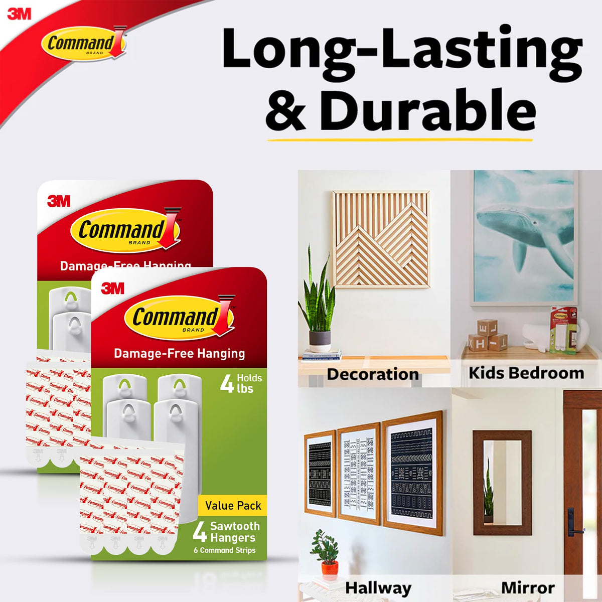 Command Sawtooth Picture Hangers, Damage Free Hanging Frame Hangers, No Tools Wall Hooks for Hanging Sawtooth Frames in Living Spaces, 8 White Picture Frame Hangers and 16 Command Strips