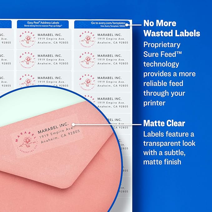Avery Matte Clear Return Address Labels,Sure Feed Technology,Inkjet,1/2" x 1-3/4",2,000 Labels, 5 Packs (8667)
