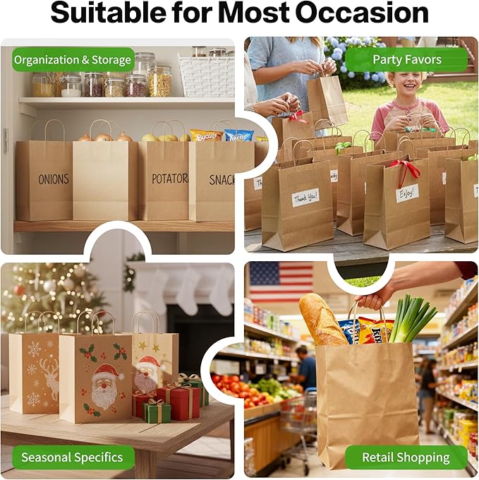 Simple Deluxe Value Pack of 50 Kraft Paper Bags with Handles (10x5x13 Inch) - Made in USA from 90GSM 100% Recycled Paper for Retail, Bulk Savings for Retail, Stores & Gift Packaging