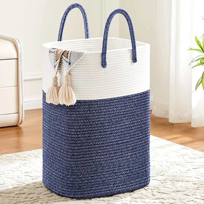 Laundry Basket,Woven Cotton Rope Laundry Hamper,Versatile Storage for Dirty Clothes,Baby Toys,and Blankets in Bathroom, Nursery,and Living Room (Blue, 60L)
