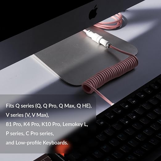 Keychron Custom Coiled Aviator USB-C Cable Black 5-Pin (GX12) Detachable Metal Connector USB-A Adapter Durable Braided Cable for Mechanical Keyboards Charging &amp Data Transfer