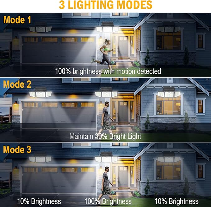 daphino 2500LM Solar Lights Outdoor with Motion Sensor,3 Head 270° Wide Angle Street Area Lights,IP65 Waterproof Security Lighting with 3 Modes(Remote,2 Pcs)