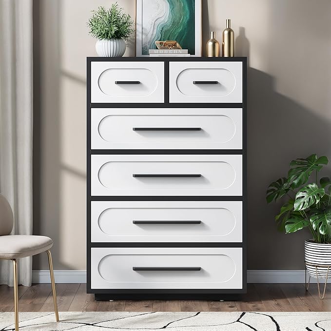 Dresser for Bedroom, 44" Tall Dressers & Chests of Drawers w/Solid Wood Handle, Wood Mid Century Closet Organizers and Storage Cabinet for Bedroom, Living Room, Hallway, Black/White