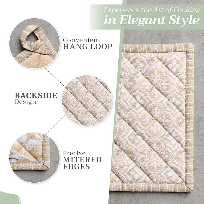 Maison d' Hermine 100% Cotton Oven Mitt & Pot Holder Set (7.5"x13" & 8"x8") Heat Resistant BBQ Cooking Gloves with Loop for Thanksgiving Christmas Decorations Handling Hot Pans (Pretty Autumn)