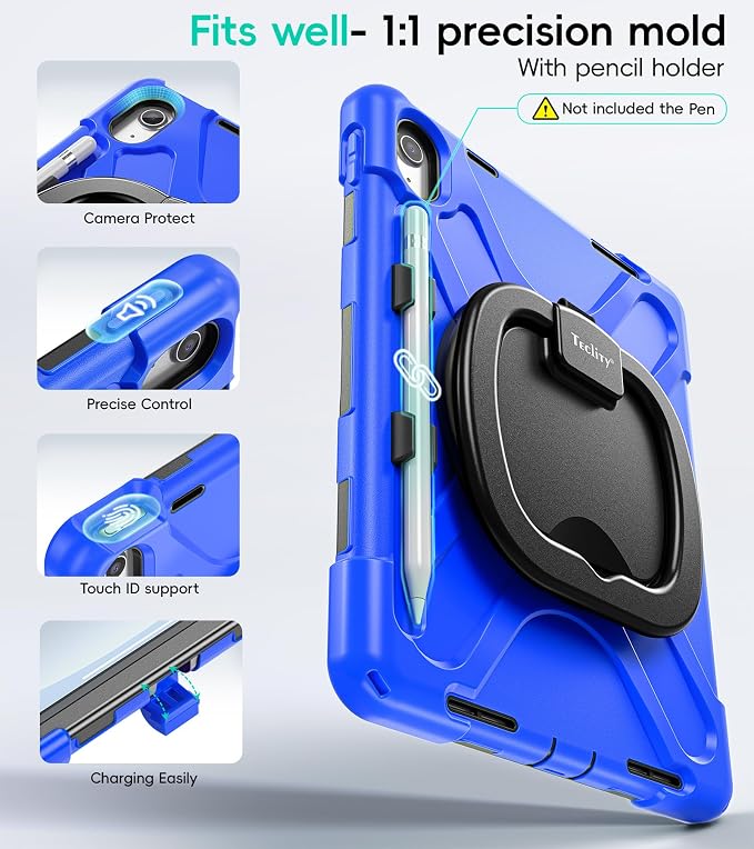 Case for iPad (A16) 11th/10th Generation - 2025/2022 (11″/10.9″) | 4 Layers Drop Protection iPad Case with Screen Protector 360° Rotating Stand Shoulder Strap Pencil Holder Black