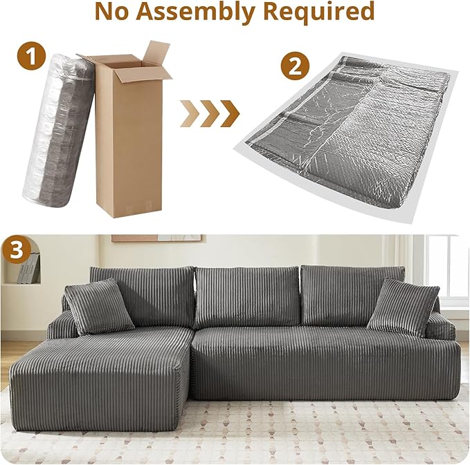 Sectional Cloud Couch for Living Room L Shaped Couch with 3 Seat Ind. Chaise Longue Corduroy Fabric Boneless Modular Modern Sofa with Pillows for Apartment and Small Space Grey