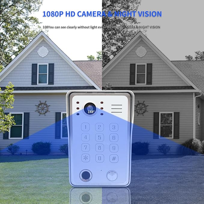 Wired Video Door Phone Kit Apartment Intercom System,10 Inch Touch Screen Monitor(Silver)with 1080P HD Doorbell Camera,Supporting Motion Detecting 5 in 1 Unlcking (2 Doorbell + 1 Monitor)