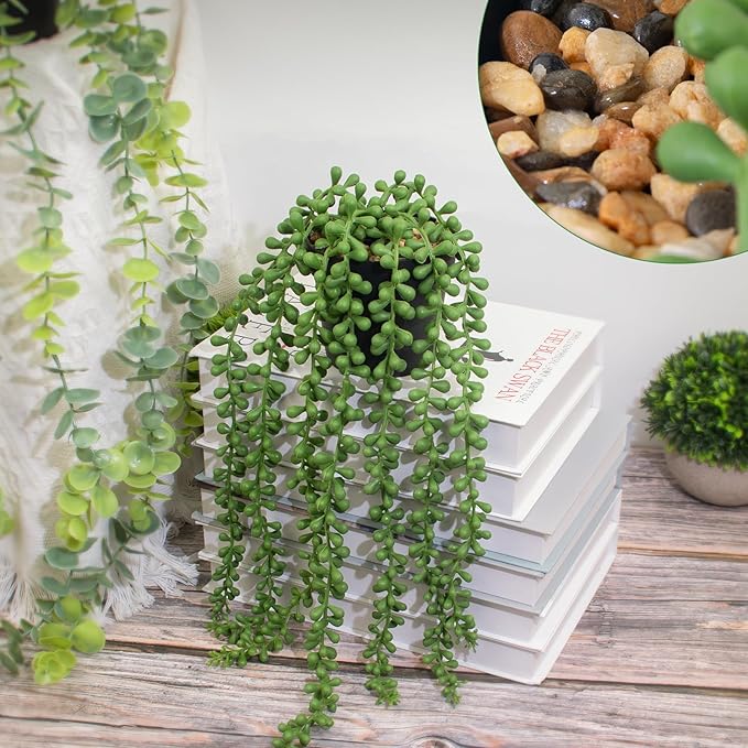 LOYWREE 2 Pack Lifelike Artificial String of Pearls Plant - Faux Hanging Succulent with Black Pot, Realistic Trailing Fake Plant for Indoor Outdoor Shelf Desk Window Sill Home Garden Office Decor