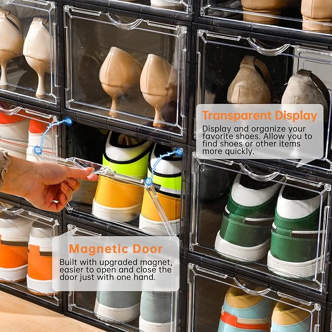 Clemate Upgraded X-Large Shoe Storage Box,12 Pack,Shoe Box Clear Plastic Stackable,Drop Front Shoe Box with Clear Door,Shoe Organizer Containers For Sneaker Display,Fit up to US Size13, Ashy