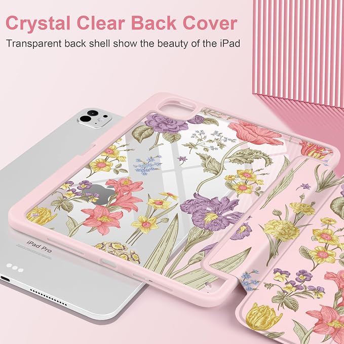 DONGKE for iPad Pro 11-Inch Case (M5 2025 / M4 2024) 6th/5th Generation [Auto Sleep/Wake &amp Pencil Pro Holder] Clear Acrylic Back Smart Trifold Stand Cover Bear &amp Cherry