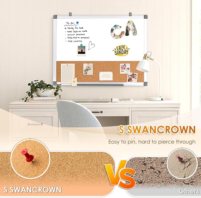 S SWANCROWN Magnetic Dry Erase and Cork Board Combo Hanging Whiteboard Notice Board for Wall Gift Home School Office, 36 x 24 Inches, with Maker/Pins/PenTray/Hooks