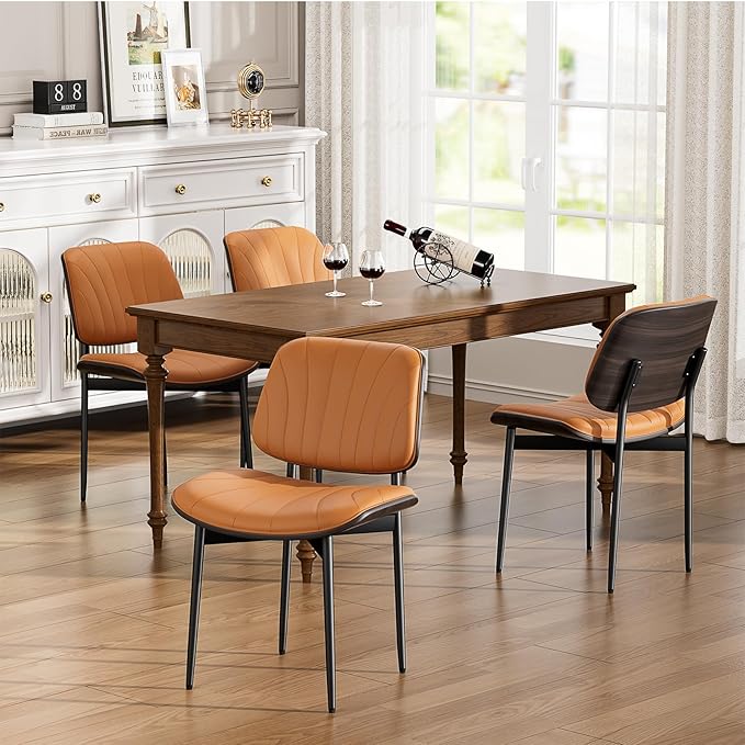Dining Chairs Set of 4, Mid Century Modern Dining Room and Kitchen Chairs, Upholstered PU Leather Chairs with Walnut Bentwood and Metal Legs, Orange