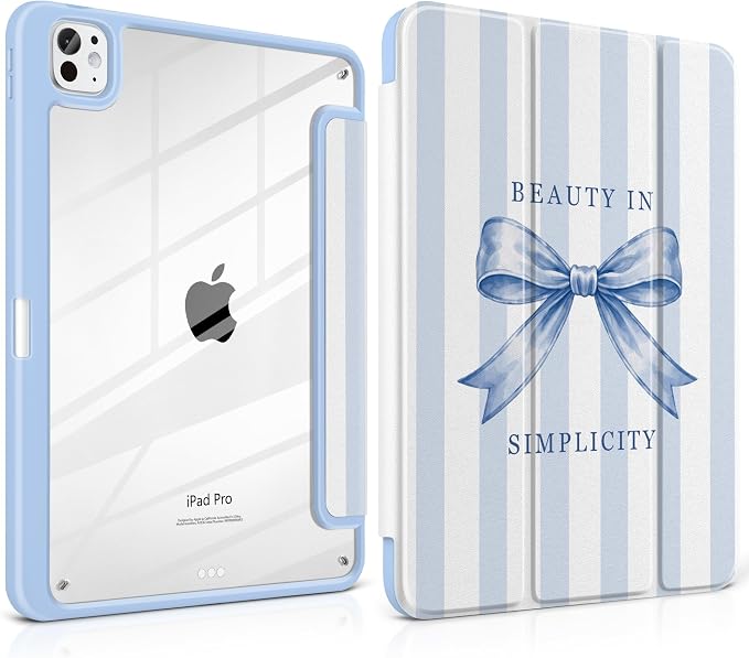 Case for iPad Pro 11 inch M5 2025 /M4 2024 Blue Ribbon Stripe | Blue Ribbon Stripe Folio Case with Clear Back Pencil Holder Trifold Stand and Auto Sleep/Wake for Preppy Aesthetic Users