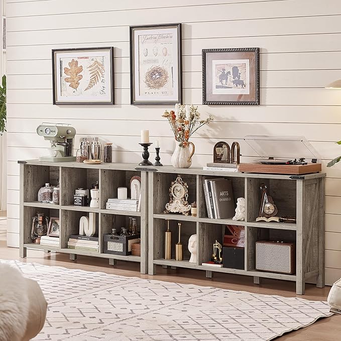 Farmhouse 6 Cube Bookshelf, Rustic Grey Oak Wooden Storage Organizer Book Shelf, 47 Inch Cubby Hallway Bookcase, Kids Toy Storage Cabinet, Modern Open Book Case for Living Room, Hallway