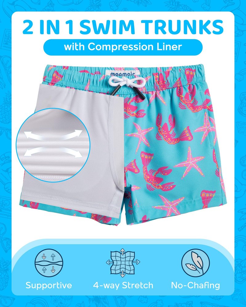 maamgic Boys Swim Trunks with Compression Liner Toddler Boy Swimsuit Quick Dry 4-Way Stretch Swimming Trunks Sea World Acid Blue 7 Years