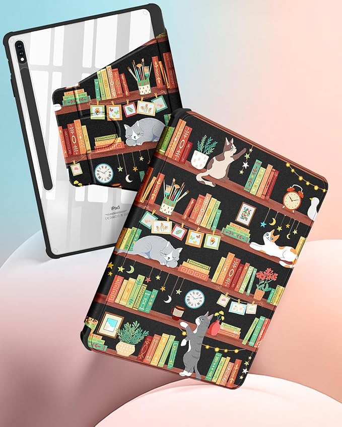 Wazzasoft for Samsung Galaxy Tab S7/S7 Plus/S8 Plus Case - 12.4 Inch Folio Cover with Pencil Holder - Women/Girl Cute Girly Black Flower Unique Design - Rotating Tablet Case