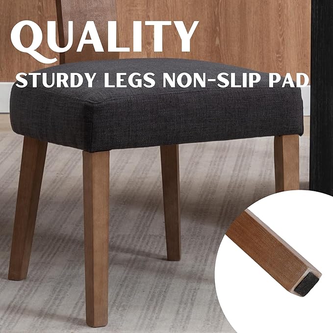 Rattan Dining Chairs Set of 2, Modern Fabric Upholstered Kitchen Chairs, Wooden Dining Room Chair Farmhouse Dinner Chair, Charcoal