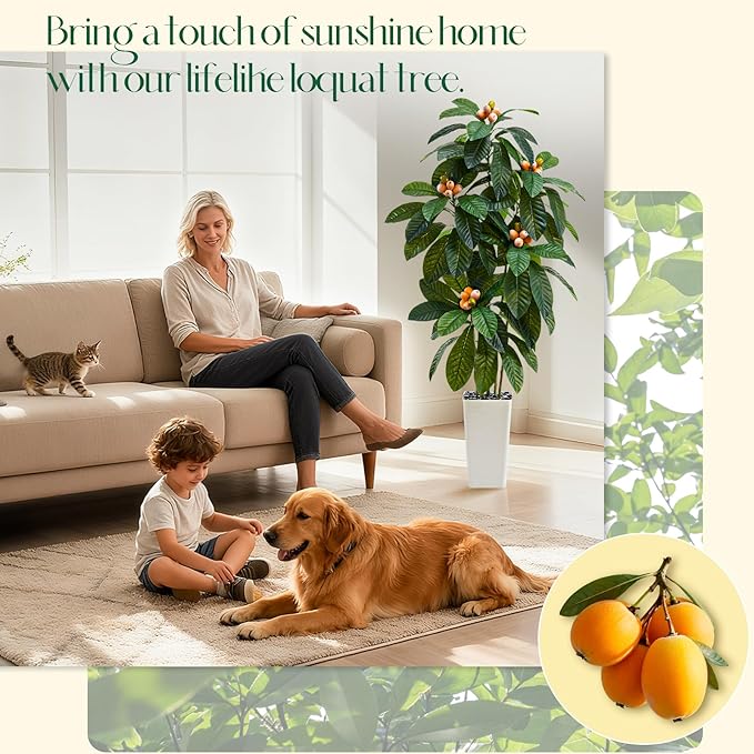 Artificial Loquat Tree：Faux Tree Realistic Fake Tropical Fruit Plant Large Silk Floor Plants with Lifelike Fruits&Pot for Home Decor Indoor Outdoor Room Office Patio Balcony(5FT,1-Pack,White)