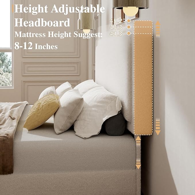 Full Size Bed Frame with Adjustable Headboard, Boucle Cloud Platform Bed with Wood Slats, Mattress Foundation, No Box Spring Needed, Easy Assembly, Beige