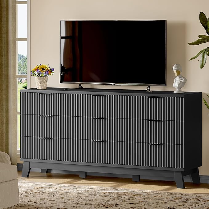Fluted Dresser with 9 Drawers, 63" Wide Modern Chest of Drawers with Metal Handle, Wooden Dresser TV Stand, Wood Closet Clothes Storage Organizer for Bedroom, Living Room, Hallway, Solid Black