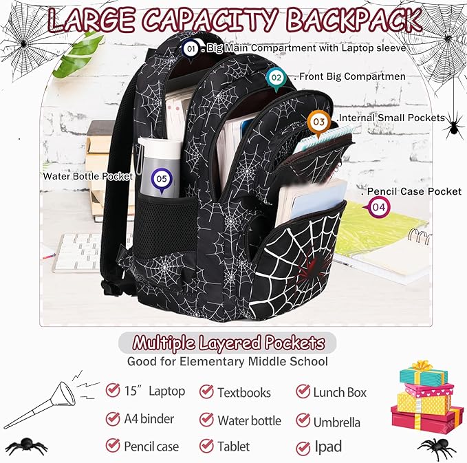Kids Backpack Boys Spider Backpack with Lunch Box Kindergarten Elementary Middle School Travel Sport Toddler Bookbag for Boys Ages 4-14, Spider-Black