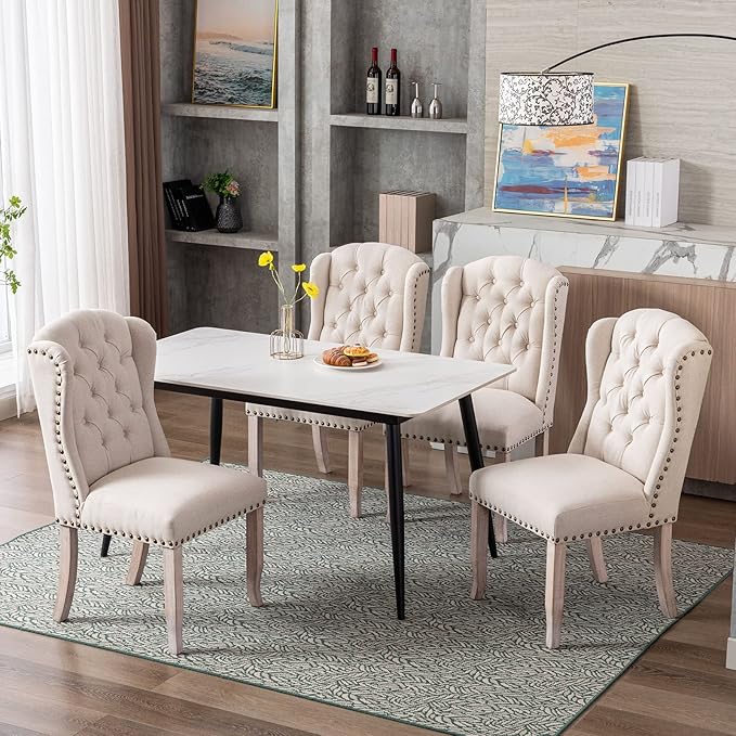 DUOMAY Modern Tufted Dining Chairs Set of 8, Linen Upholstered Dining Room Chairs Armless Guest Side Chair for Kitchen Dining Room, Wingback Accent Chairs with Solid Wood, Beige