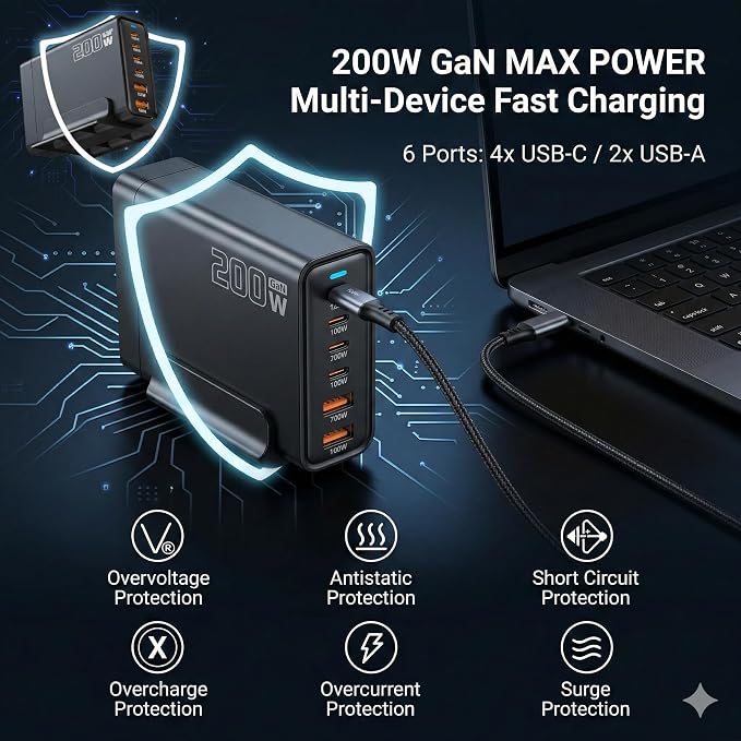 Heargrow 200W GaN USB C Charging Station 6-Port USB C Multi Charger Block with 4 Cables Fast Wall Charger Power Strip for iPhone 17 16 15 14 iPad MacBook Samsung Galaxy Pixel