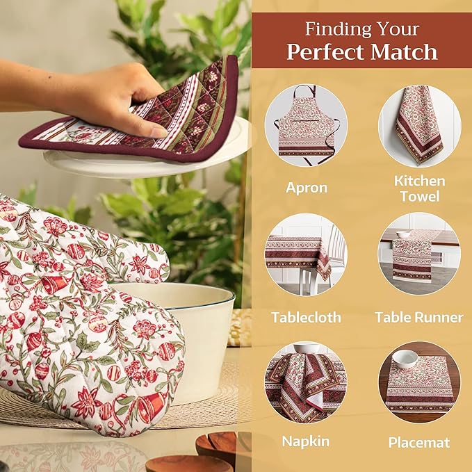 Maison d' Hermine Pot Holders Set 100% Cotton Heat Resistant Potholders 8" x 8" Hot Pads with Loop for Thanksgiving Christmas Decorations Baking Handling Hot Pans (Pack of 2, Reveillon Au Jardin)