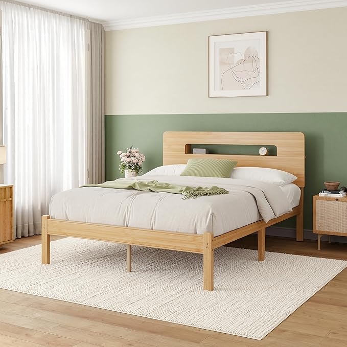 ZIYOO Solid Bamboo Wood Queen Bed Frame with Storage Headboard, 14 inch Platform Bed Frame Queen No Box Spring Needed with Steel Slats, Sturdy and Stable, Easy Assembly, Noise Free