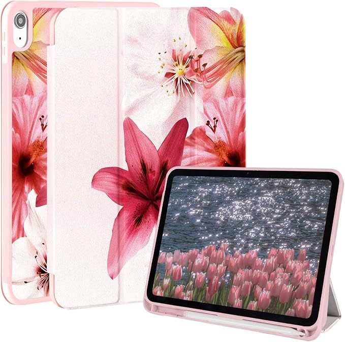 Case for iPad 9th/ 8th/ 7th Generation Case 10.2&amp10.5 Inch (2021/2020/2019 Release) Slim Lightweight Soft Trifold Back Cover with Pencil Holder &amp Auto Sleep/Wake Cover Cherries Cheetah Bows