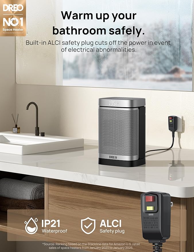 DREO Space Heater for Bathroom and Indoor, Portable Heater, 1500W Safe and Quiet PTC Ceramic Heater, 41-95°F Digital Thermostat, 70°Oscillating, Remote, ALCI Safety Plug, 12h Timer, 5 Modes