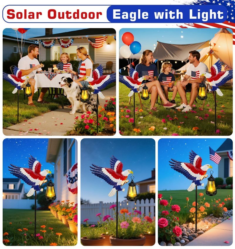 4th of July Decorations Outdoor Solar Lights, Solar Eagle Garden Lights with Lantern, Patriotic Eagle Stake Light for Yard Lawn Garden Patio, USA 250th Anniversary Decor for Memorial Day Veterans Day