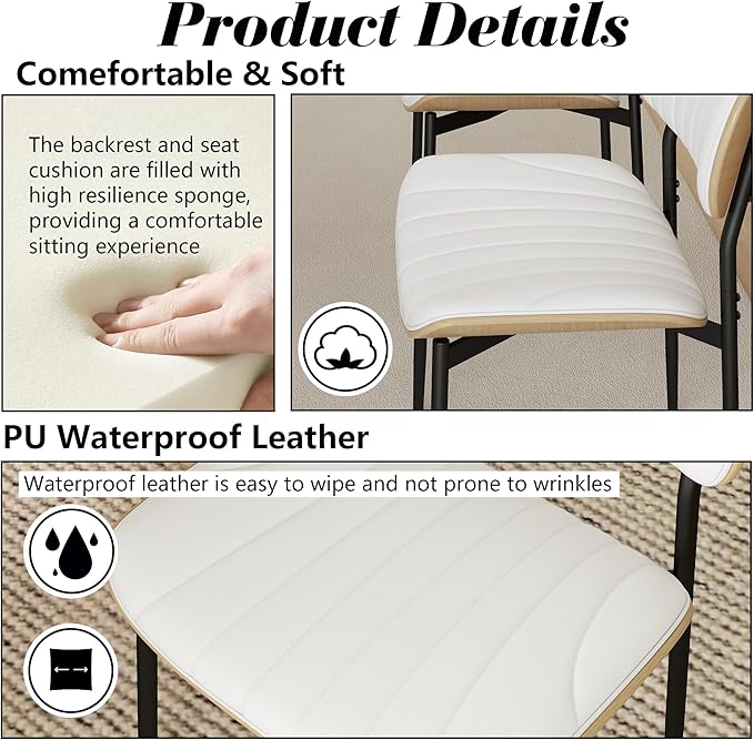 Modern PU Leather Dining Room Chairs Set of 2, Upholstered Kitchen Chairs with Curved Wood Backrest and Metal Legs Adjustable Feet for Kitchen Dining Room(White)