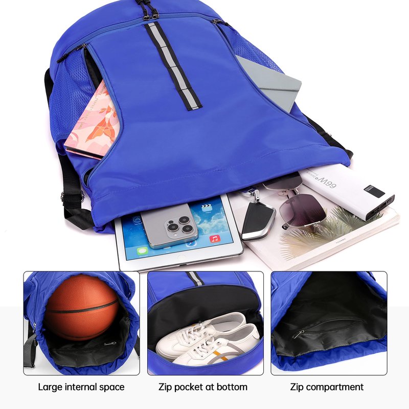 XMYAOWEI Sport Gym Bag Drawstring Backpack Beach Bag for Men Women with Shoe Compartment and Reflective Strips (Blue)