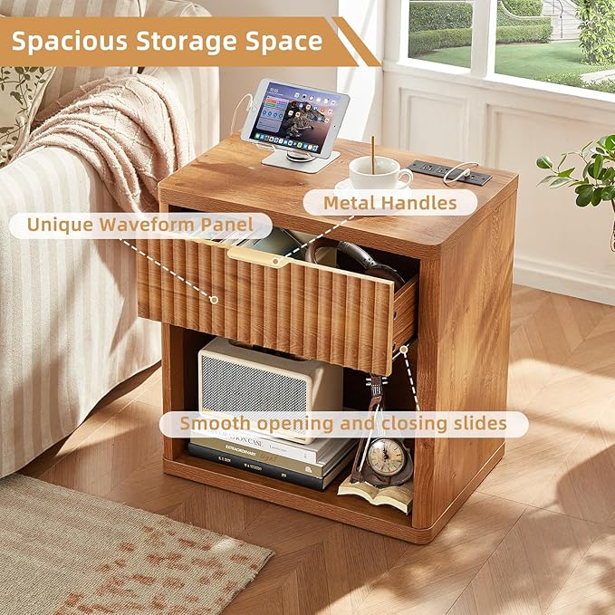 LEYAOYAO Fluted Farmhouse Nightstand Set of 2 with Charging Station, 23" Wide 1 Drawers End Table,Brown Dresser for Bedroom,Bed Side Table Chest of Drawers Cabinet,Wood Night Stand for Living Room