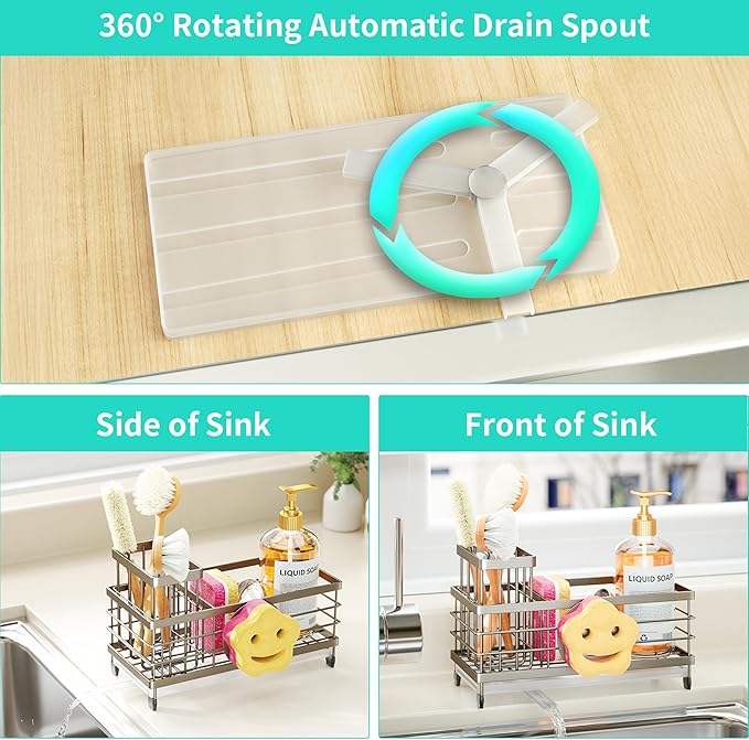 HapiRm Sink Caddy Sponge Holder - Self-draining Kitchen Sink Organizer with Smiley Face and Brush Holder, Stainless Steel Kitchen Organizer for Countertop - Brushed Nickel