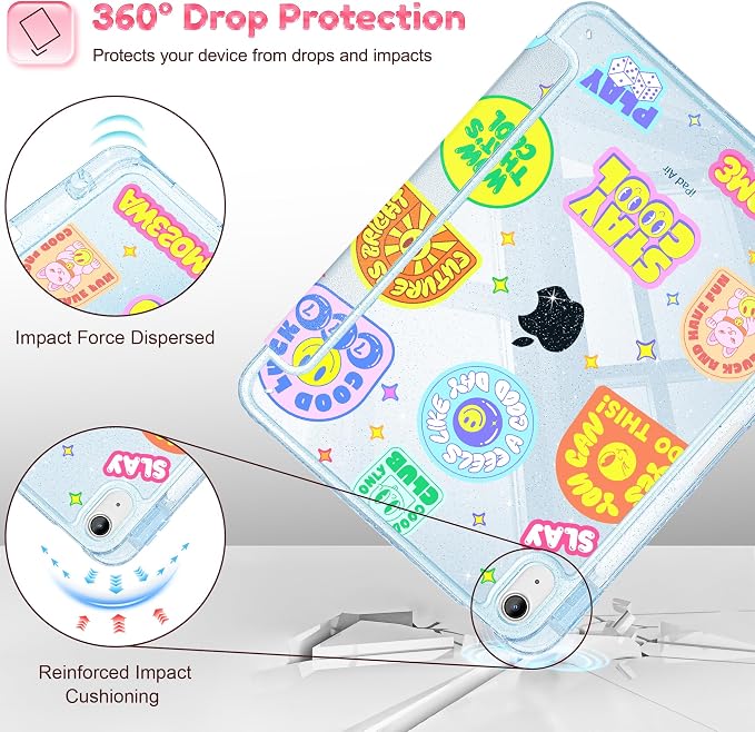 for iPad Air 11 inch M4/M3/M2 (2026/2025/2024) iPad Air 5th/4th Gen (2022/2020) 10.9 inch with Pencil Holder Glitter Clear Pretevtive Cover Auto Wake/Sleep Black Cartoon Stickers