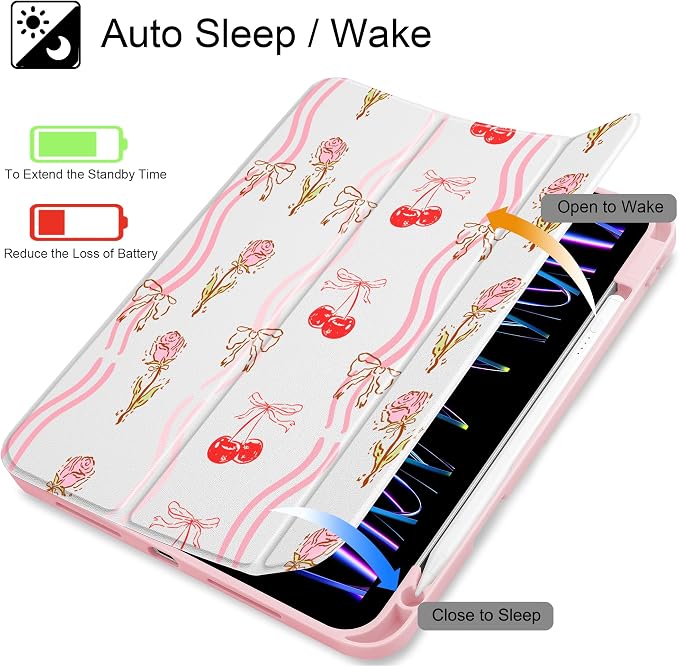 Case for iPad 12.9 Inch (6th/5th/4th/3rd Generation 2022/2021/2020/2018) Pencel Holder + Trifold Support Auto Sleep/Wake Transparent Shockproof Back Cover Abstract Floral SD163