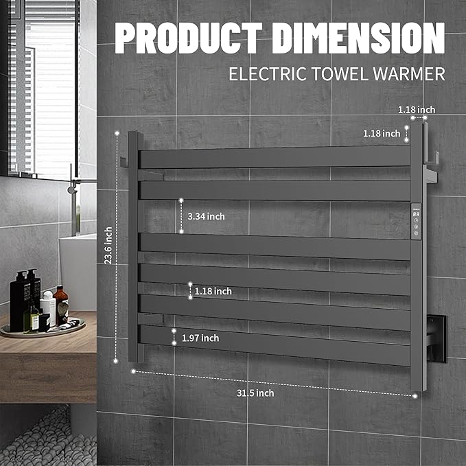 K&KALONZO Towel Warmer for Bathroom, Wall-Mounted 6-Bar Heated Towel Rack with Built-in Timer, Waterproof Electric Towel Heater, Support Plug-in and Hardwired, Matte Black, EL18M