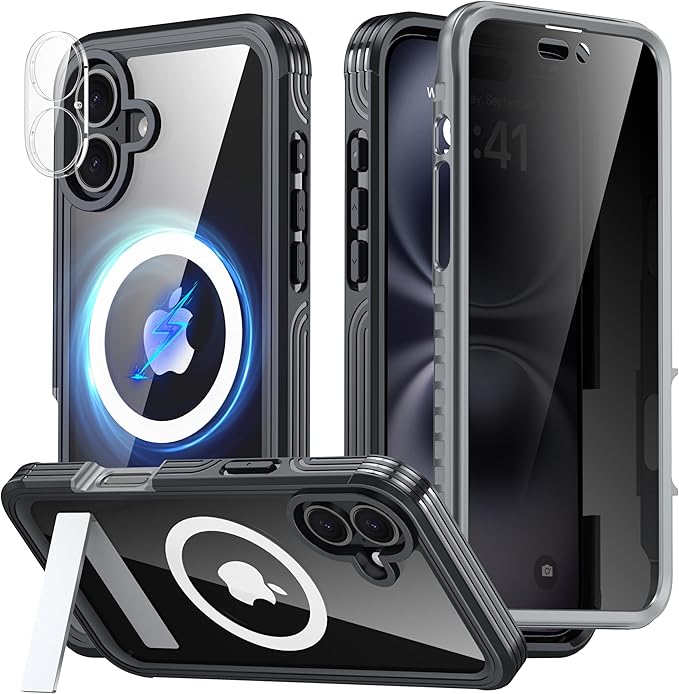 360° Protection Magnetic for iPhone 16 Case Built-in 9H Privacy Screen Protector & Metal Stand[Fit for Magsafe][Anti-Spy][Lens Protector] Heavy Duty Shockproof Phone Case for iPhone 16(Black)