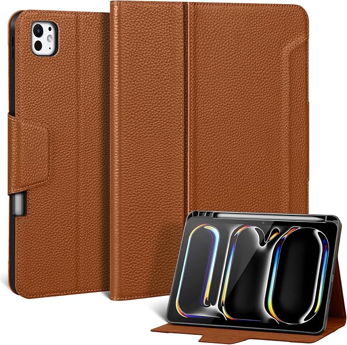 Case for iPad Air 11 M4/M3/M2 5th/4th Gen 10.9 Black | Genuine Leather Pencil Holder Magnetic Closure Smart Cover Auto Wake/Sleep Adjustable Stand