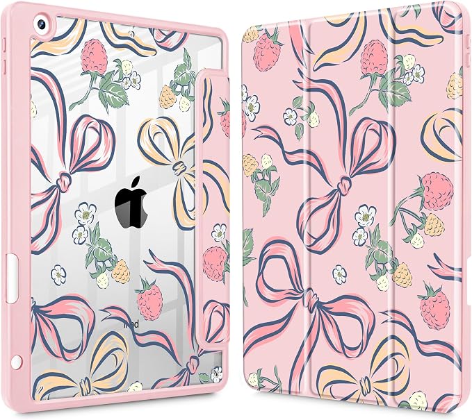 Case for iPad 9th/8th/7th Generation 10.2-Inch (2021/2020/2019 Release) with [Built-in Pencil Holder] Shockproof Cover with Clear Transparent Back Shell &amp Auto Wake/Sleep - Blue Bows