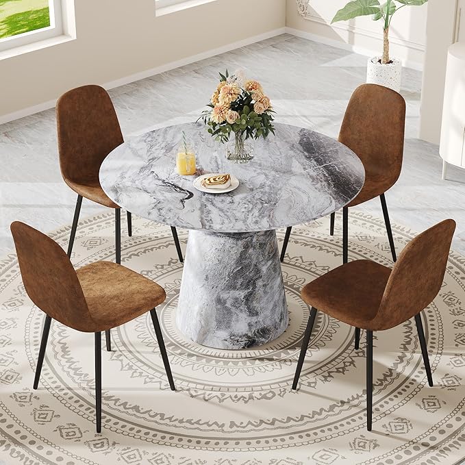 Round Dining Table Set for 4, 45IN Kitchen Table Set with Faux Marble Table Top and PU Upholstered Chairs, Modern Dinner Table with Chairs Set for Dinning Room, Living Room