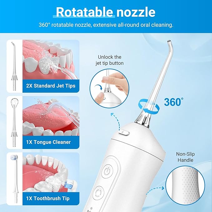 R REVA Portable Water Flosser for Teeth - 4 Modes Cordless Oral Irrigator with 300ML Tank, 360° Rotating Nozzle, 4 Jet Tips, Rechargeable, IPX7 Waterproof, Low Noise Gravity Ball Design (M159 - White)