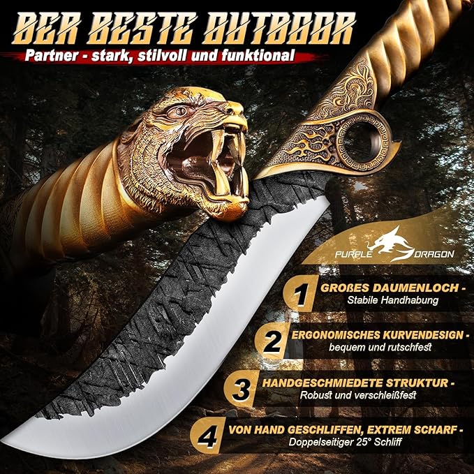 Purple Dragon Heavy Duty Machete for Cutting Trees – Japanese Forged Survival Machete with Tiger Head Handle, Gardening Machetes with Leather Sheath, Yard Work & Outdoor Camping Machetes