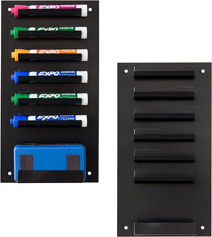 MyGift MyGit Whiteboard Marker Holder 2-Pack Wall Mounted Dry Erase Marker Holder Black 7 Slot Organizer for Markers and Eraser for Classroom Office or Home