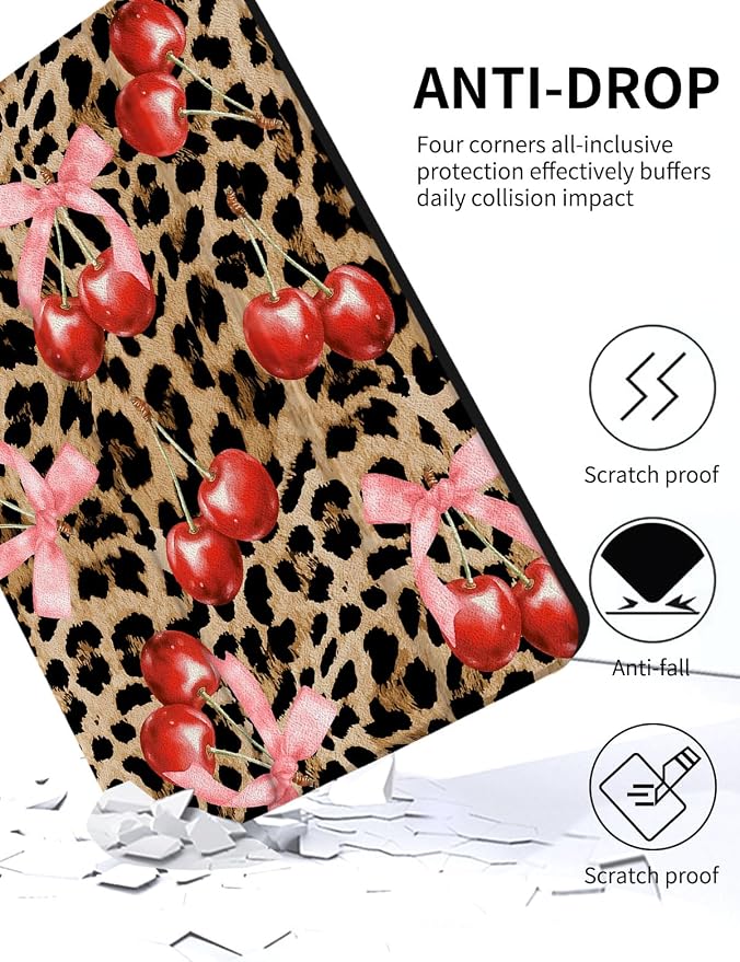 Case for iPad 9th/ 8th/ 7th Generation Case 10.2&amp10.5 Inch (2021/2020/2019 Release) Slim Lightweight Soft Trifold Back Cover with Pencil Holder &amp Auto Sleep/Wake Cover Cherries Cheetah Bows